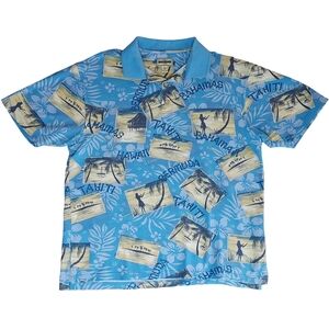 Trader Bay Men L Blue Island Postcard Hawaii Bahamas Bermuda Resortwear Polo